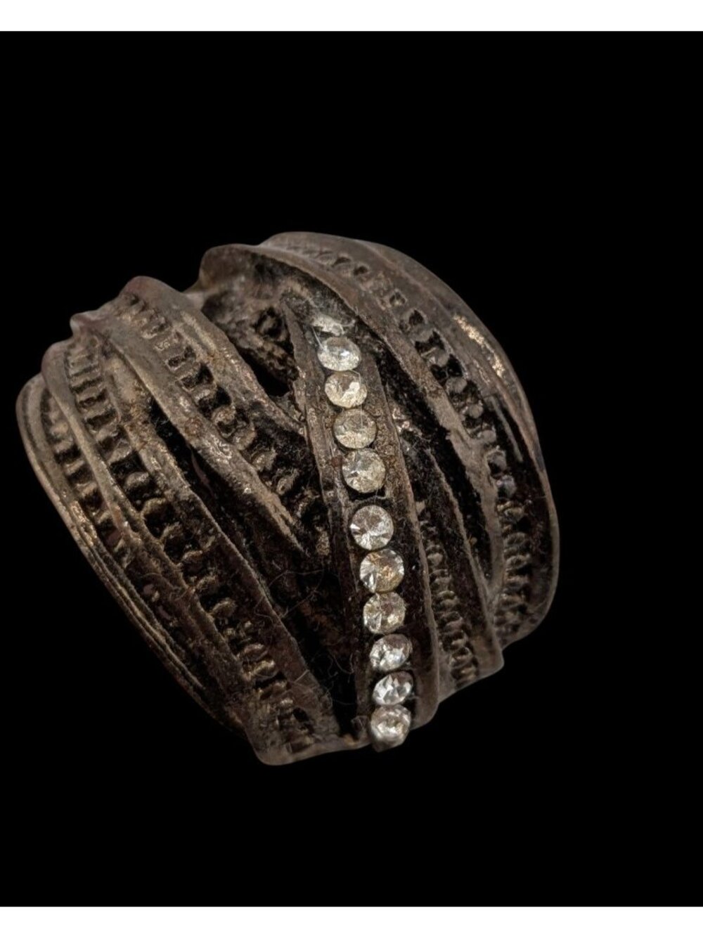 Goth Brutalist Rhinestone Crossover Ring Antiqued Silver Tone Industrial Stateme